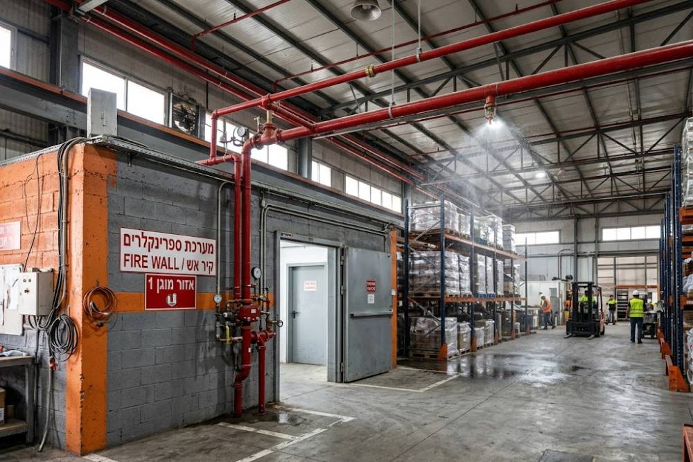 מפעל עם ספרינקלרים וקיר הפרדה למניעת התפשטות האש